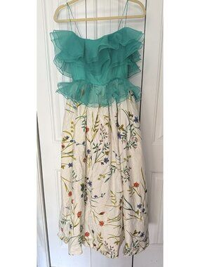 Vintage Dress William Pearson Womens 6 Green Ruffled Bodice Floral Skirt Party